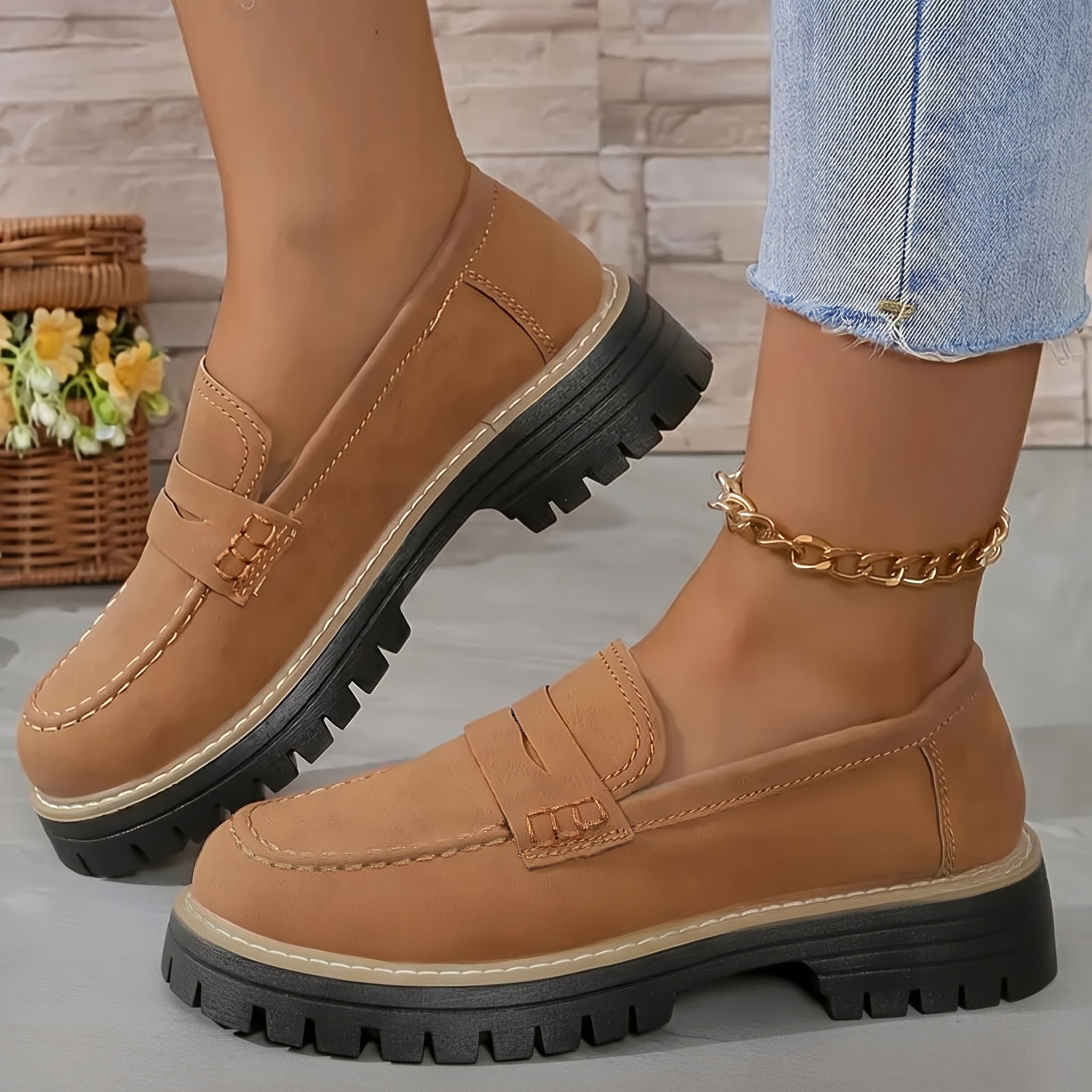 Alice - Women's Stitched Chunky Sole Penny Loafers - Shoes Women - Brown - Davies & Cooper