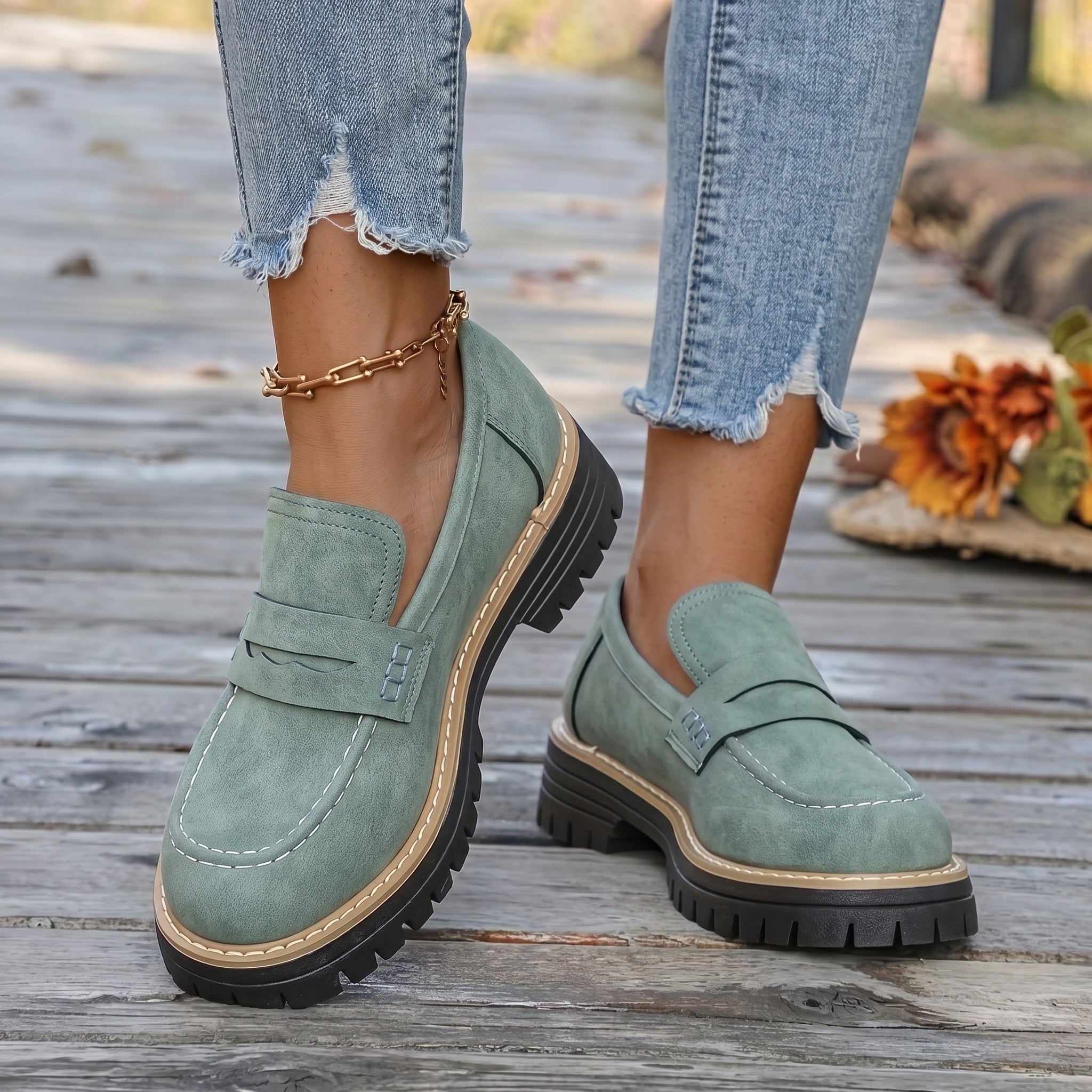 Alice - Women's Stitched Chunky Sole Penny Loafers - Shoes Women - Green - Davies & Cooper