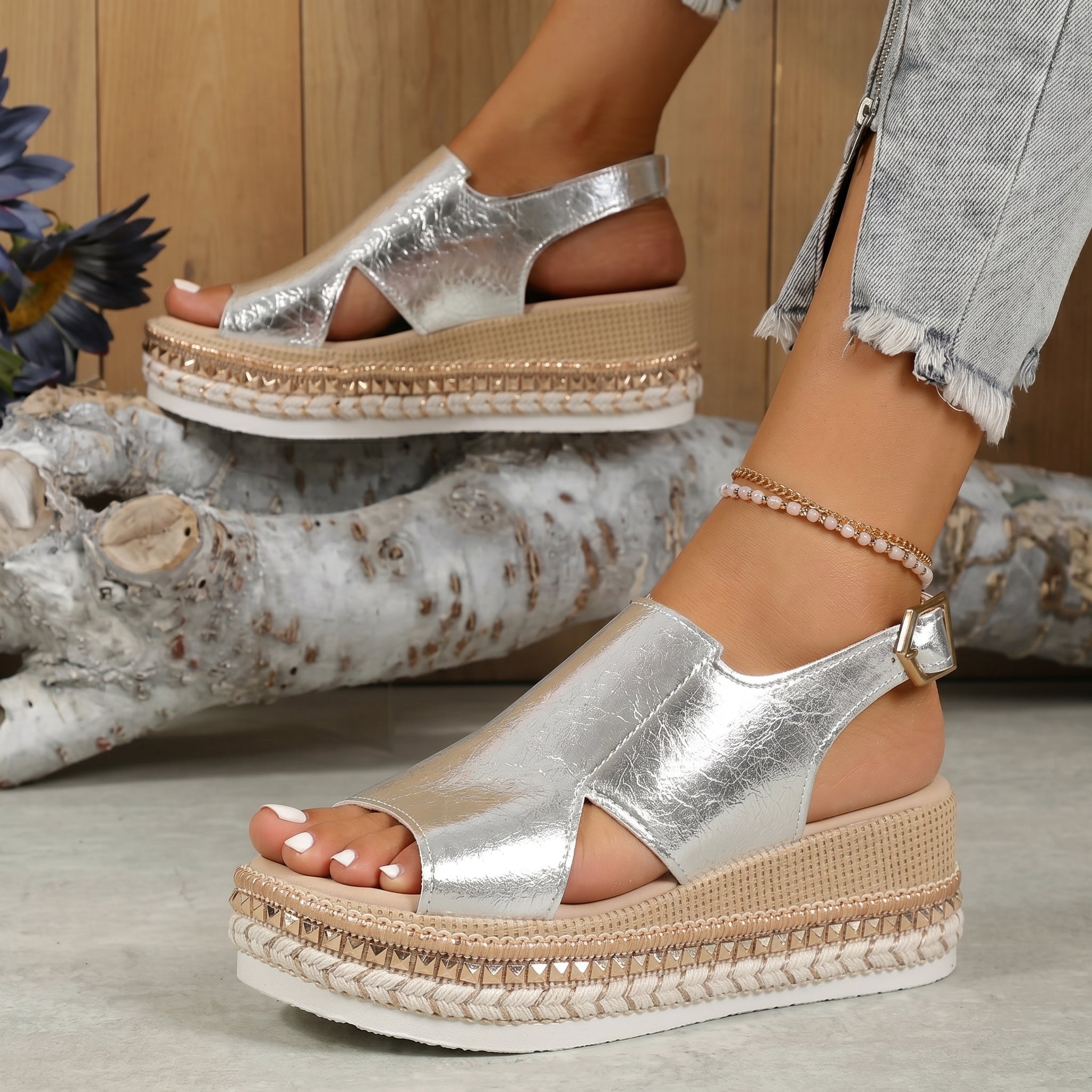 Alice - Women's Summer Flatform Sandals with Buckle Strap - Sandal - Silver - Davies & Cooper