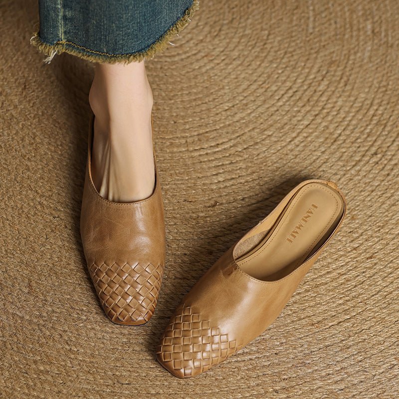 Alice - Women's Woven Toe Cap Flat Mules - Sandal - Khaki - Davies & Cooper