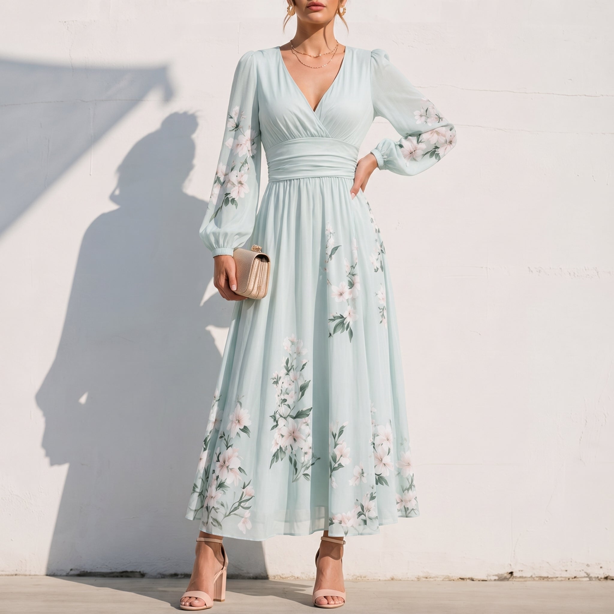 Alina - Women's Wedding Guest Floral Puff Sleeve Midi Dress - Dresses - Light Green - Davies & Cooper