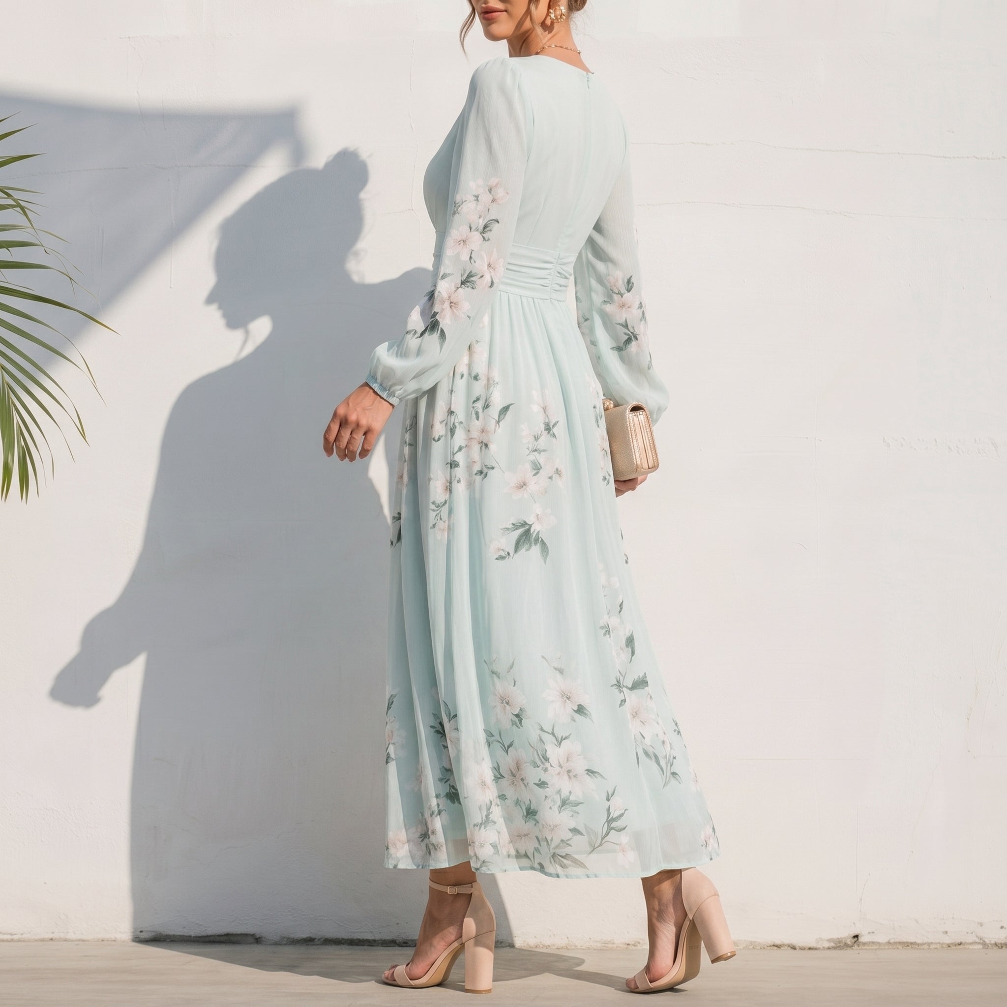 Alina - Women's Wedding Guest Floral Puff Sleeve Midi Dress - Dresses - Light Green - Davies & Cooper