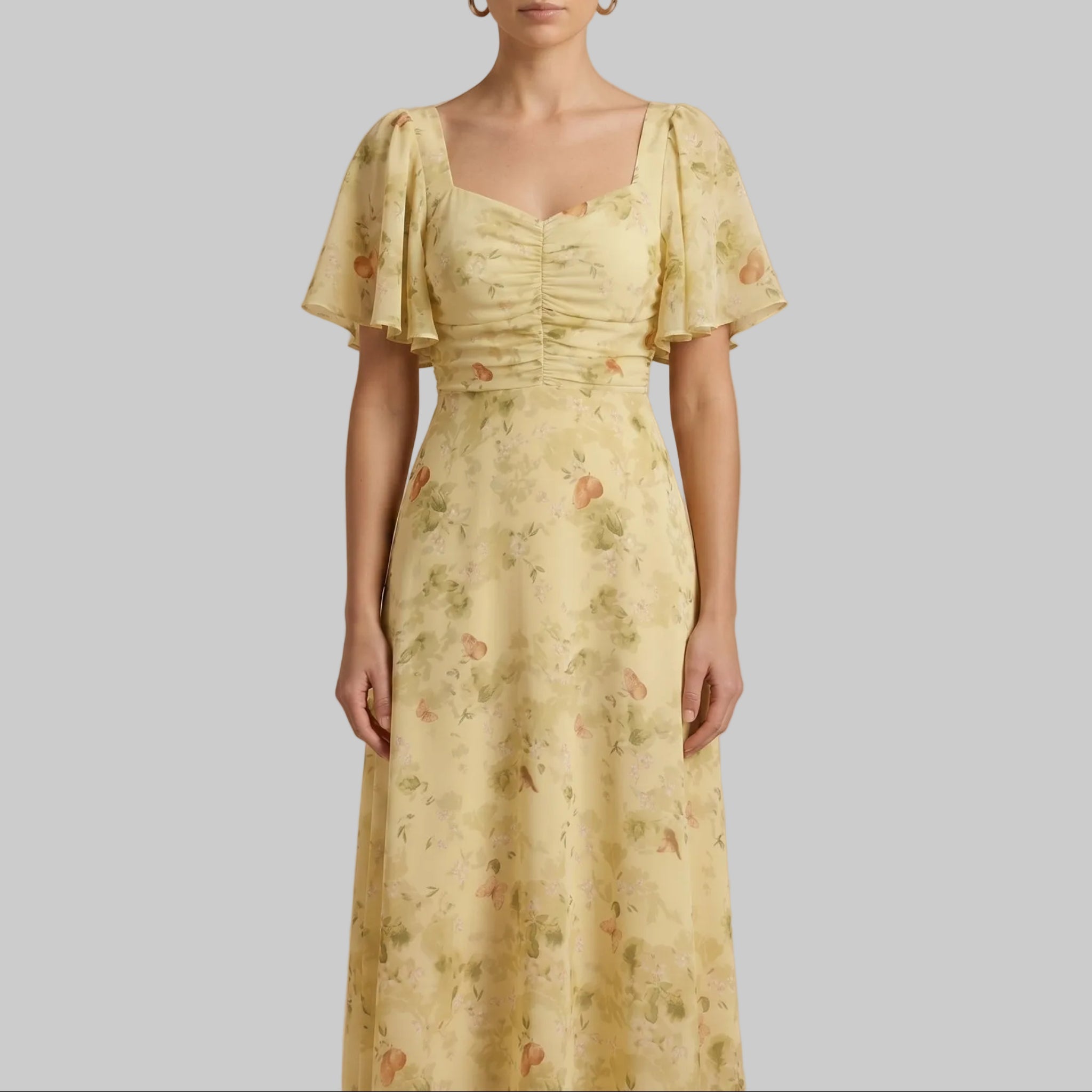 Alma - Women's Wedding Guest Vintage Floral Midi Dress - Dresses - Yellow - Davies & Cooper