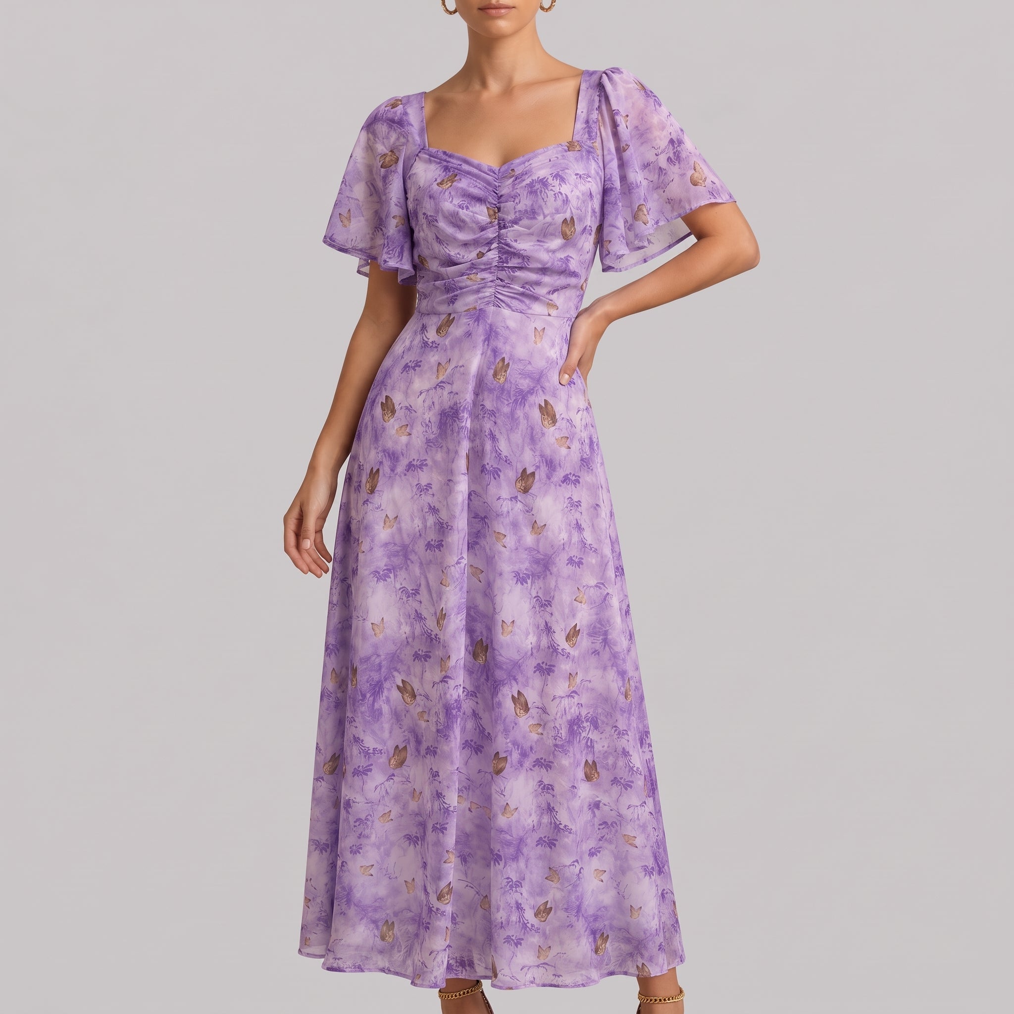 Alma - Women's Wedding Guest Vintage Floral Midi Dress - Dresses - Purple - Davies & Cooper