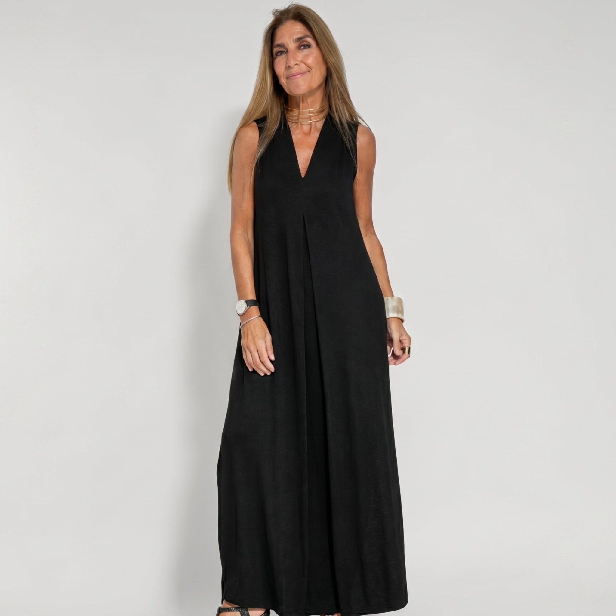 Alwine - Women's Sleeveless Pleated Summer Maxi Dress - Dresses - Black - Davies & Cooper