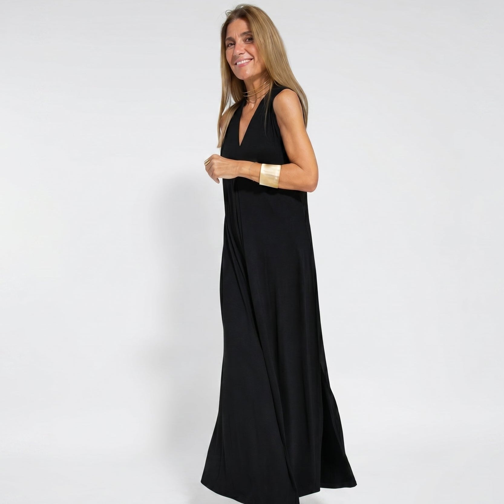 Alwine - Women's Sleeveless Pleated Summer Maxi Dress - Dresses - Black - Davies & Cooper
