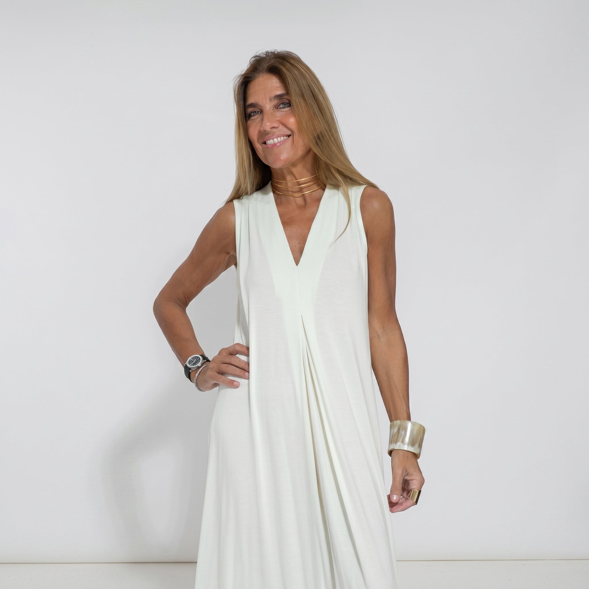Alwine - Women's Sleeveless Pleated Summer Maxi Dress - Dresses - White - Davies & Cooper