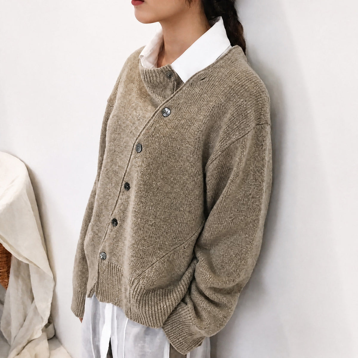 Amelia - Women's Asymmetric Button-Front Cardigan with Stand Collar - Cardigans - Khaki - Davies & Cooper