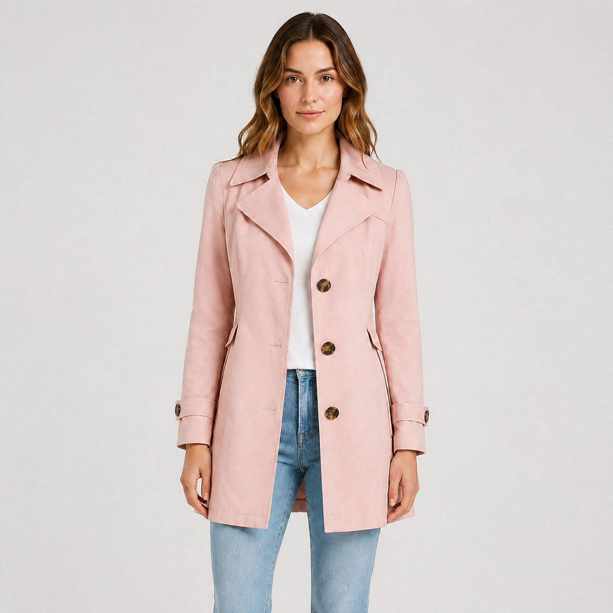 Amelia - Women's Belted Notch Lapel Trench Coat with Button Cuffs - Trench Coats - Pink - Davies & Cooper