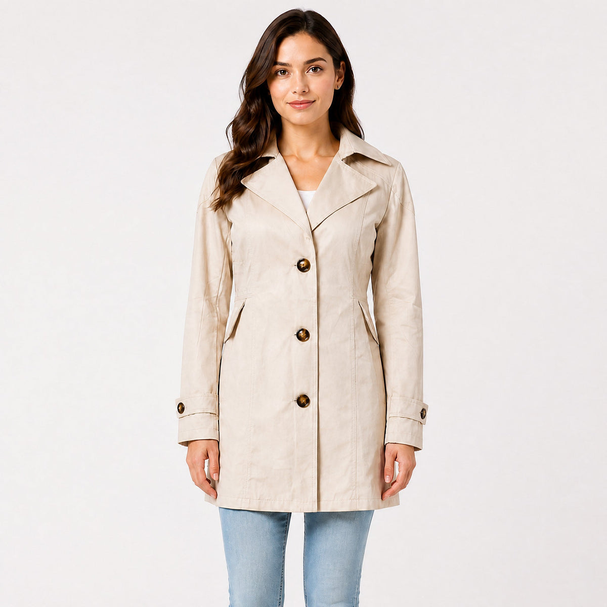 Amelia - Women's Belted Notch Lapel Trench Coat with Button Cuffs - Trench Coats - Beige - Davies & Cooper