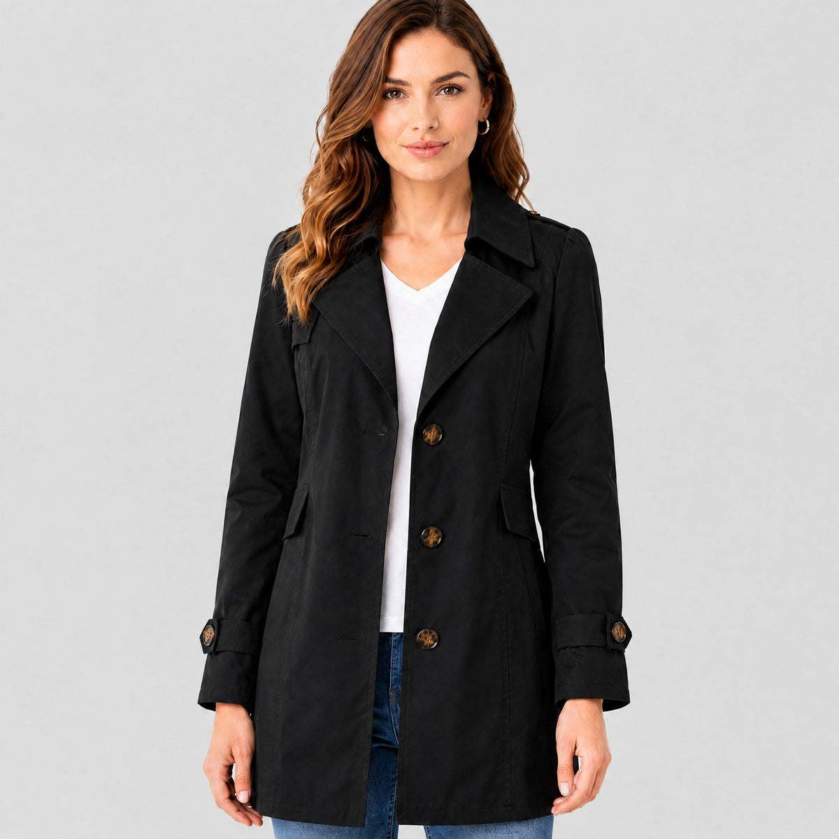 Amelia - Women's Belted Notch Lapel Trench Coat with Button Cuffs - Trench Coats - Black - Davies & Cooper