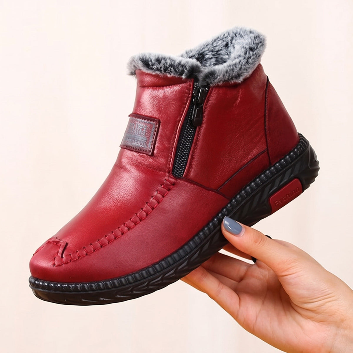 Amelia - Women's Fur Lined Orthopaedic Ankle Boots with Side Zip - Boots - Red - Davies & Cooper
