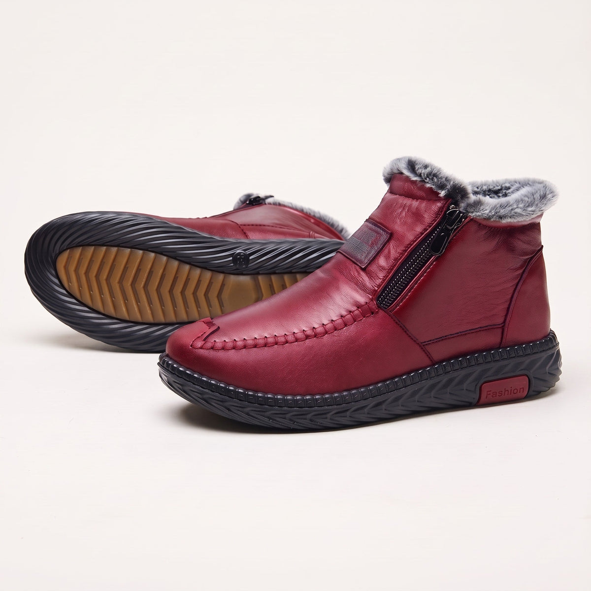Amelia - Women's Fur Lined Orthopaedic Ankle Boots with Side Zip - Boots - Red - Davies & Cooper