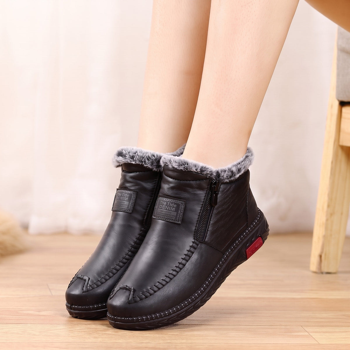 Amelia - Women's Fur Lined Orthopaedic Ankle Boots with Side Zip - Boots - Black - Davies & Cooper