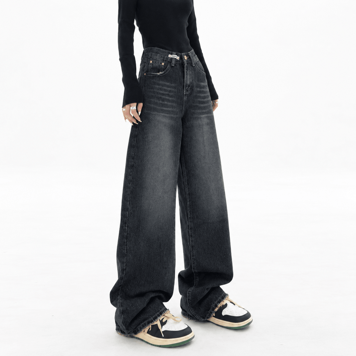 Amelia - Women's High-Waisted Wide-Leg Baggy Jeans with Dark Vintage Wash - Jeans - Black - Davies & Cooper