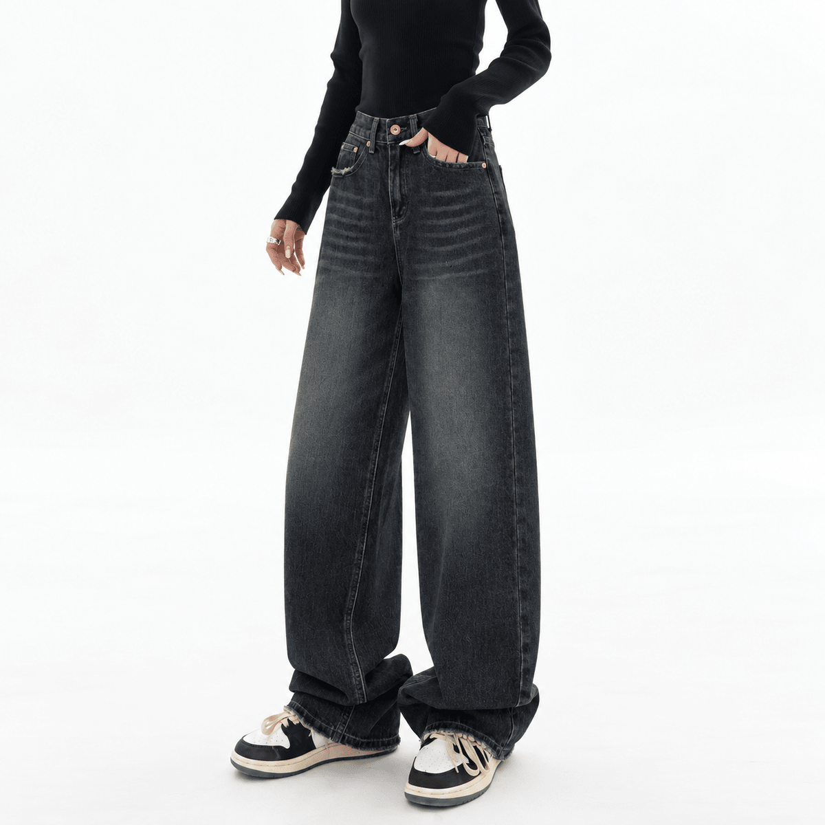 Amelia - Women's High-Waisted Wide-Leg Baggy Jeans with Dark Vintage Wash - Jeans - Black - Davies & Cooper