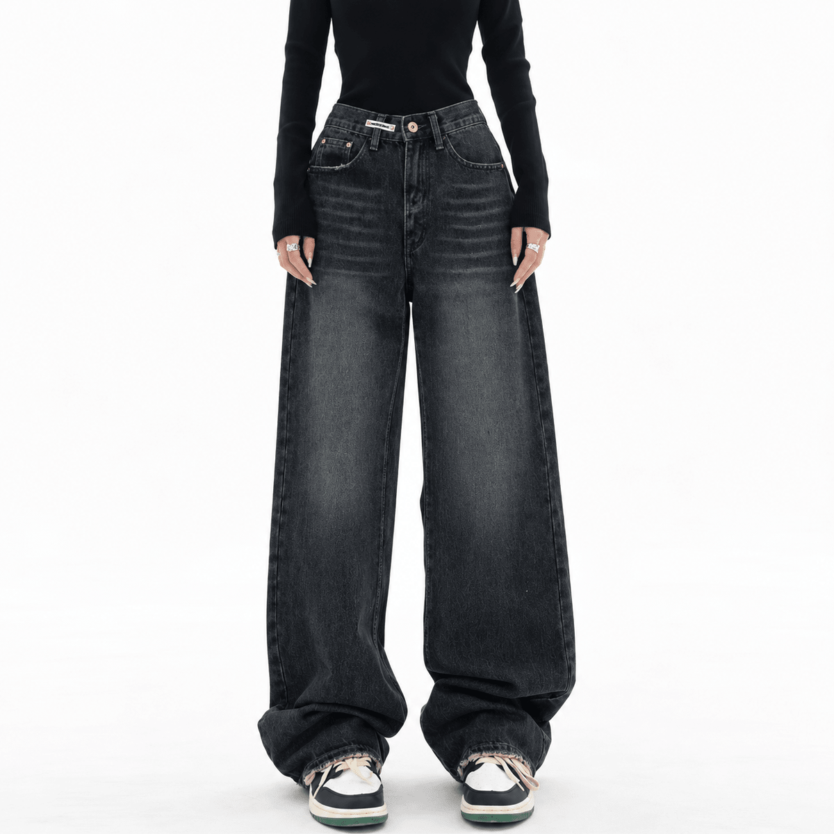 Amelia - Women's High-Waisted Wide-Leg Baggy Jeans with Dark Vintage Wash - Jeans - Black - Davies & Cooper