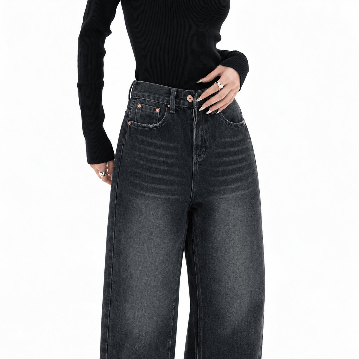 Amelia - Women's High-Waisted Wide-Leg Baggy Jeans with Dark Vintage Wash - Jeans - Black - Davies & Cooper