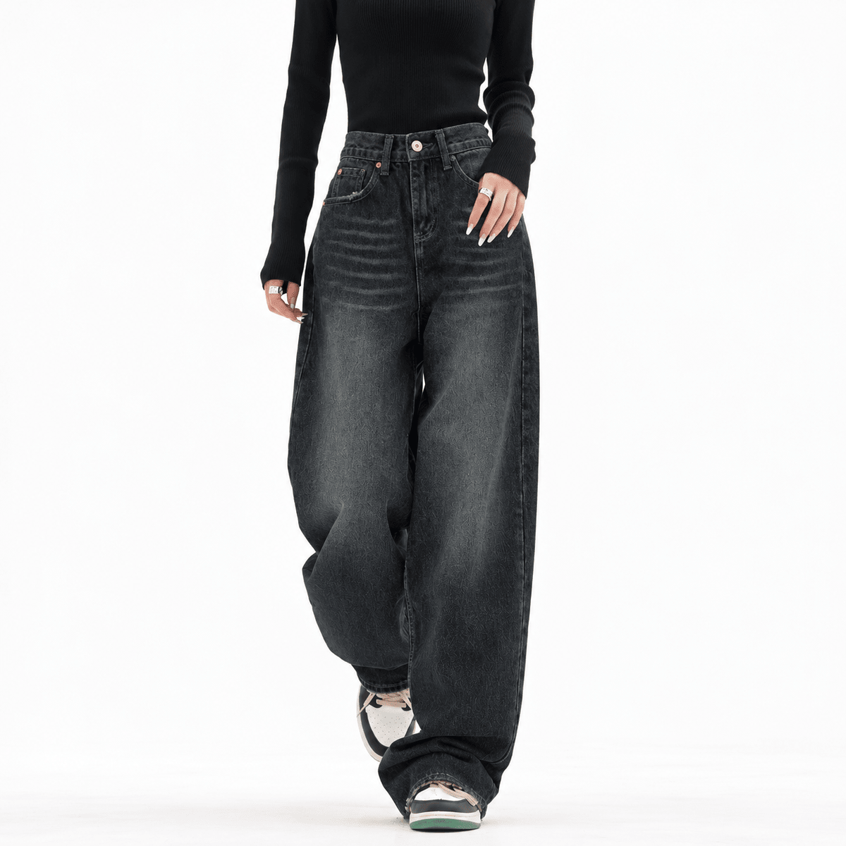 Amelia - Women's High-Waisted Wide-Leg Baggy Jeans with Dark Vintage Wash - Jeans - Black - Davies & Cooper