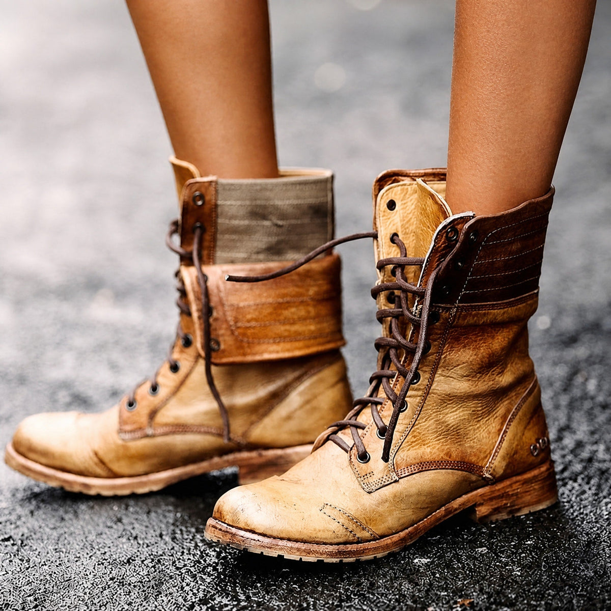Amelia - Women's Lace-Up Combat Boots with Fold-Over Cuff - Boots - Brown - Davies & Cooper
