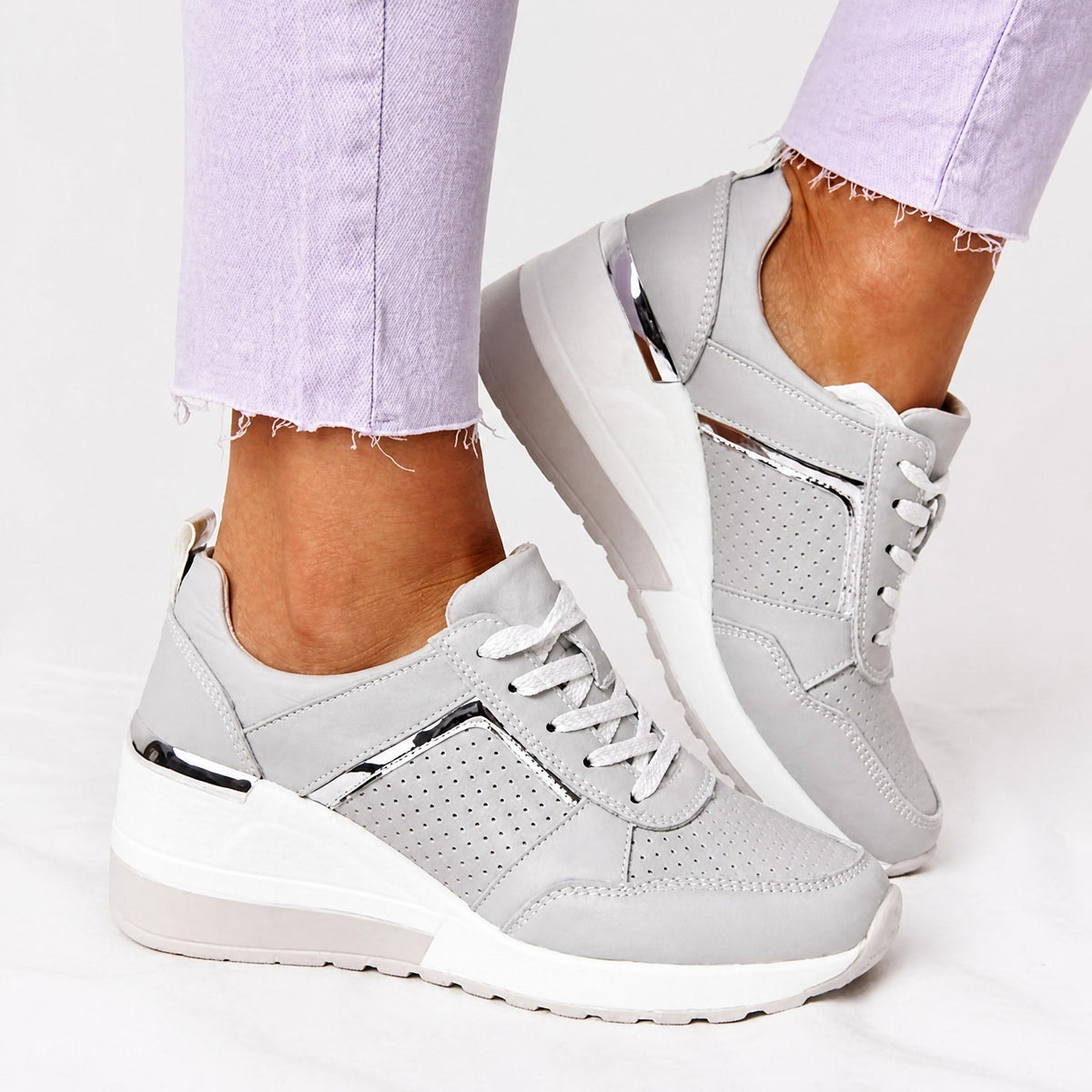 Amelia - Women's Orthopaedic Wedge Trainers with Metallic Panel Detail - Sneakers - Grey - Davies & Cooper