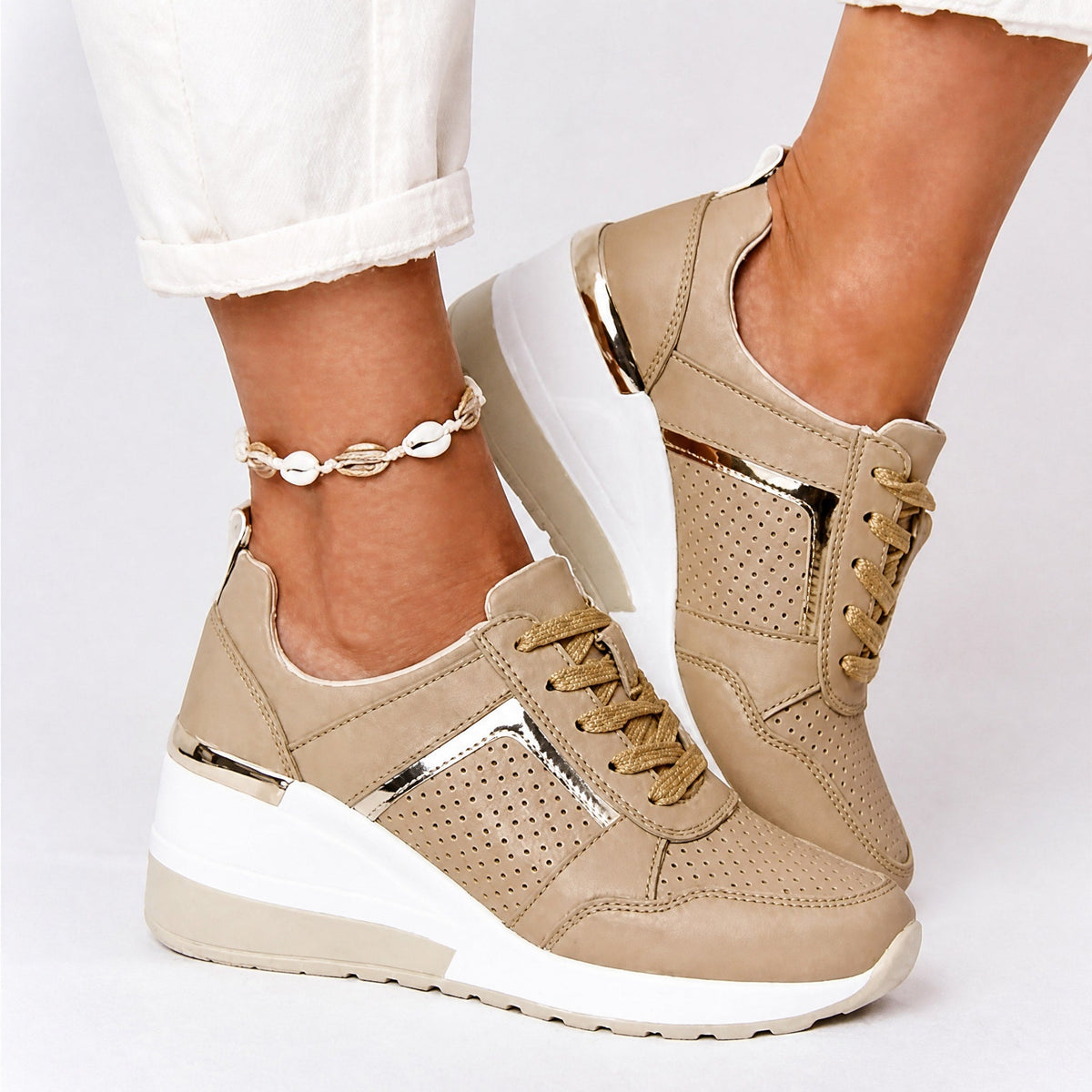 Amelia - Women's Orthopaedic Wedge Trainers with Metallic Panel Detail - Sneakers - Khaki - Davies & Cooper