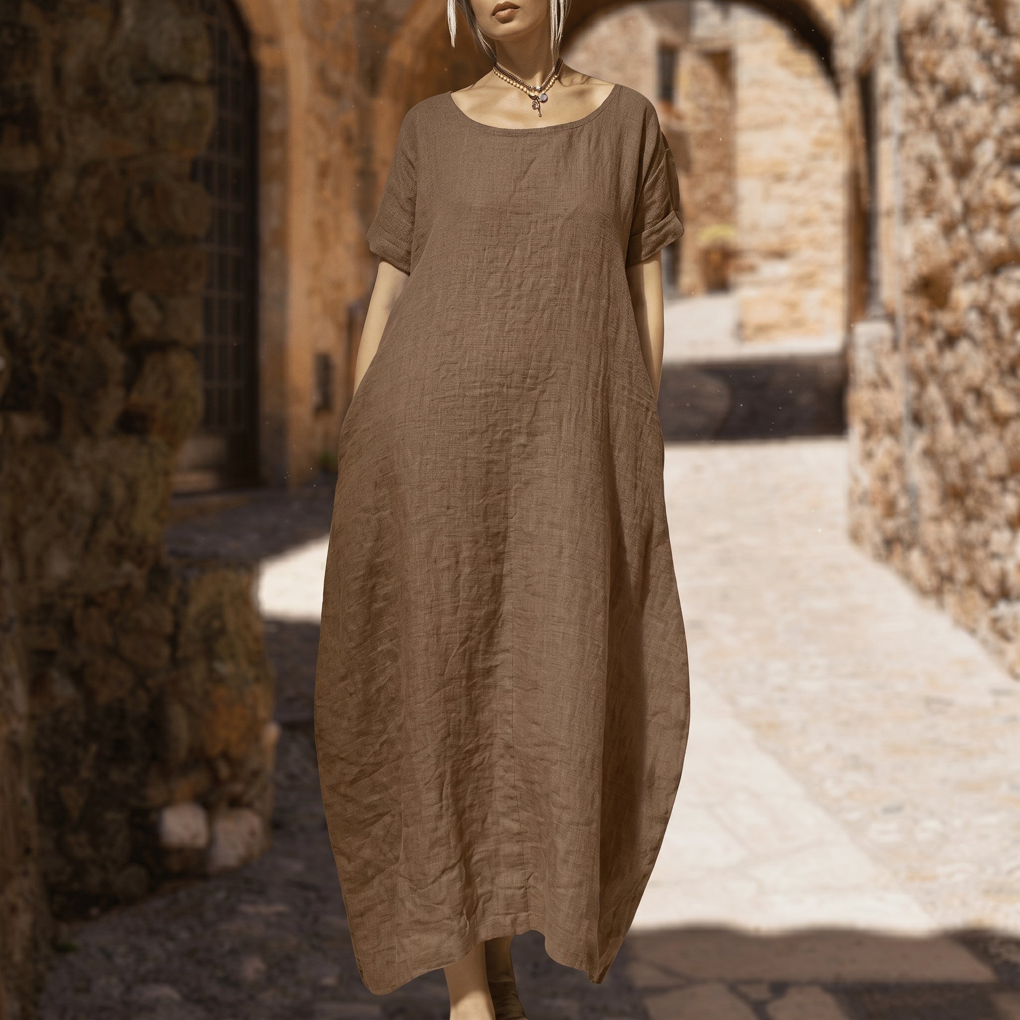 Anika - Women's Summer Oversized Round Neck Maxi Dress - Dresses - Brown - Davies & Cooper