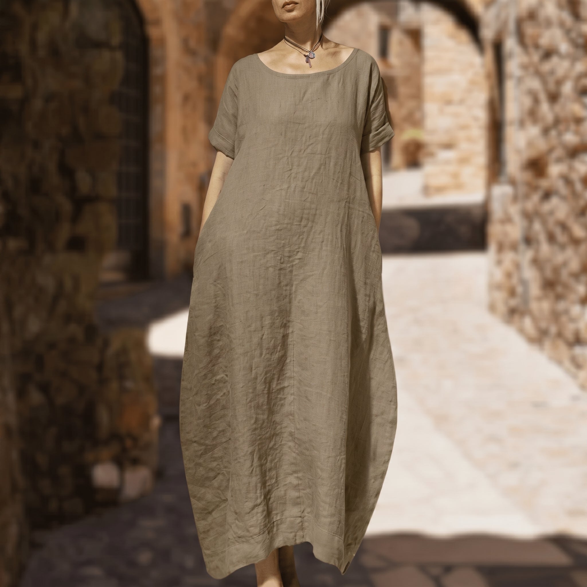 Anika - Women's Summer Oversized Round Neck Maxi Dress - Dresses - Caramel - Davies & Cooper