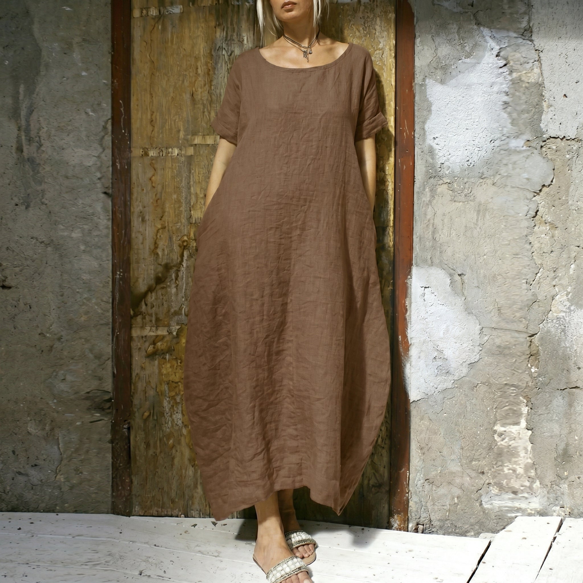 Anika - Women's Summer Oversized Round Neck Maxi Dress - Dresses - Brown - Davies & Cooper