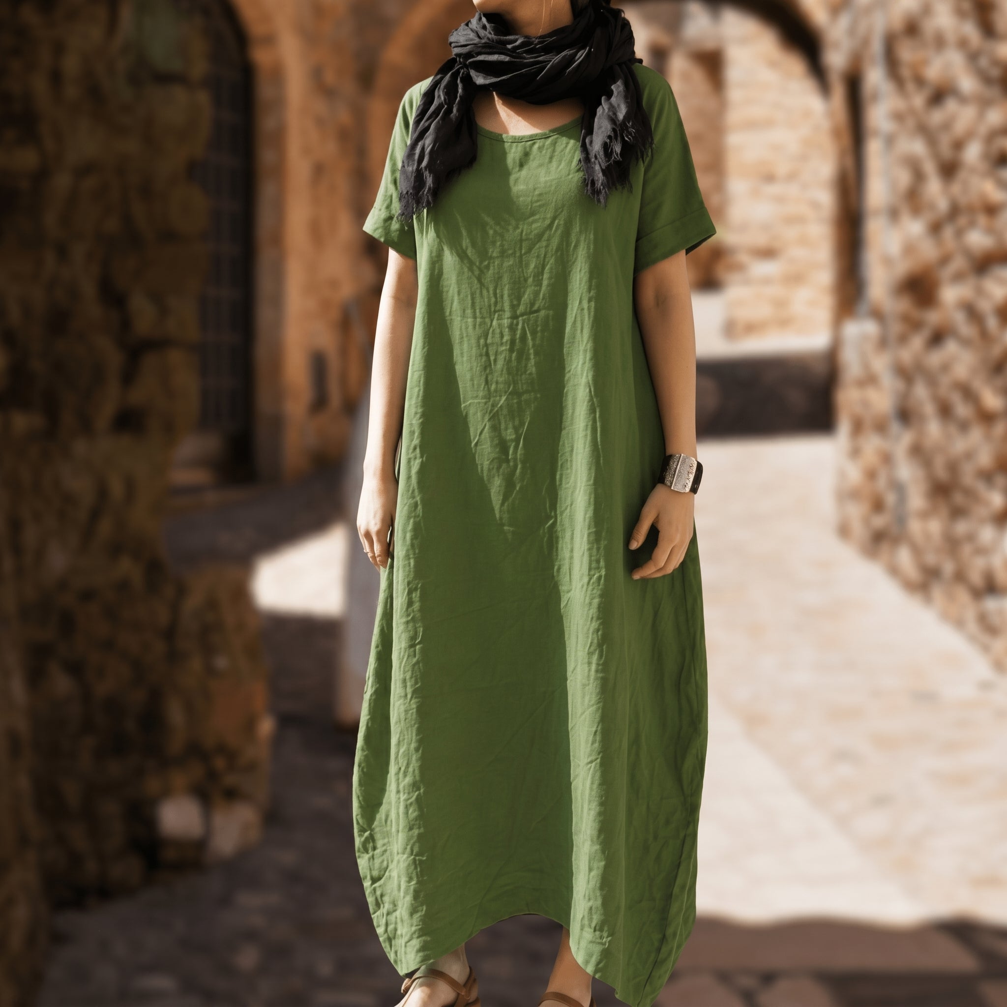 Anika - Women's Summer Oversized Round Neck Maxi Dress - Dresses - Green - Davies & Cooper