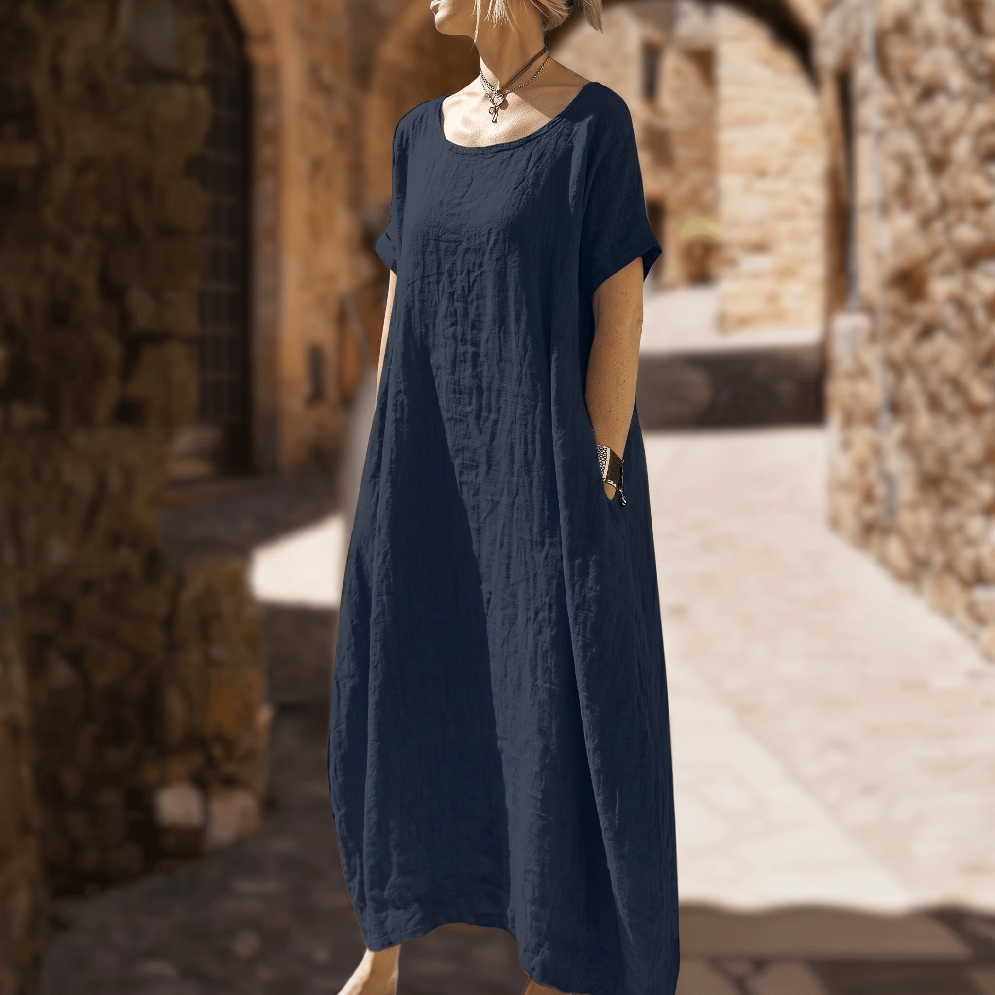Anika - Women's Summer Oversized Round Neck Maxi Dress - Dresses - Blue - Davies & Cooper