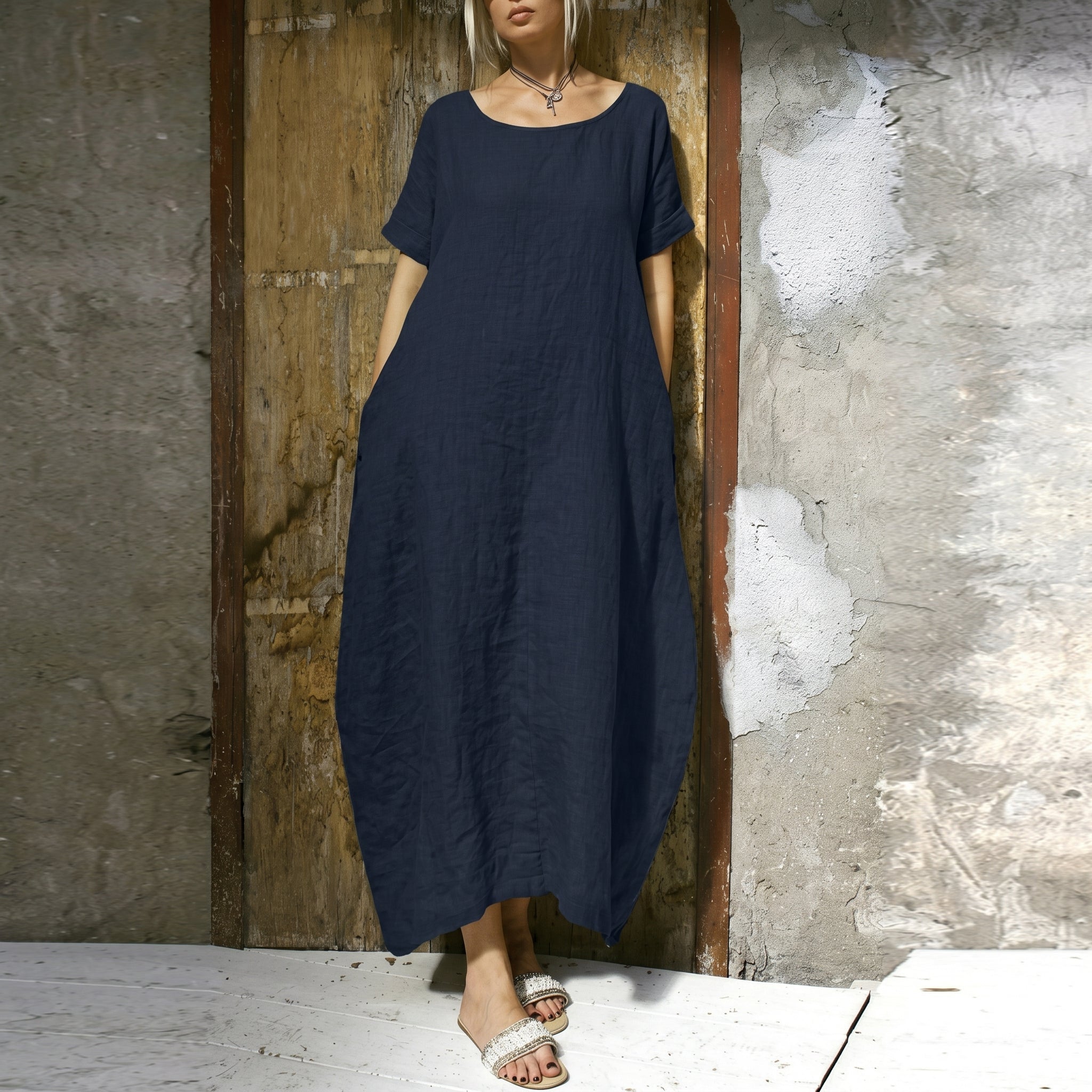 Anika - Women's Summer Oversized Round Neck Maxi Dress - Dresses - Blue - Davies & Cooper