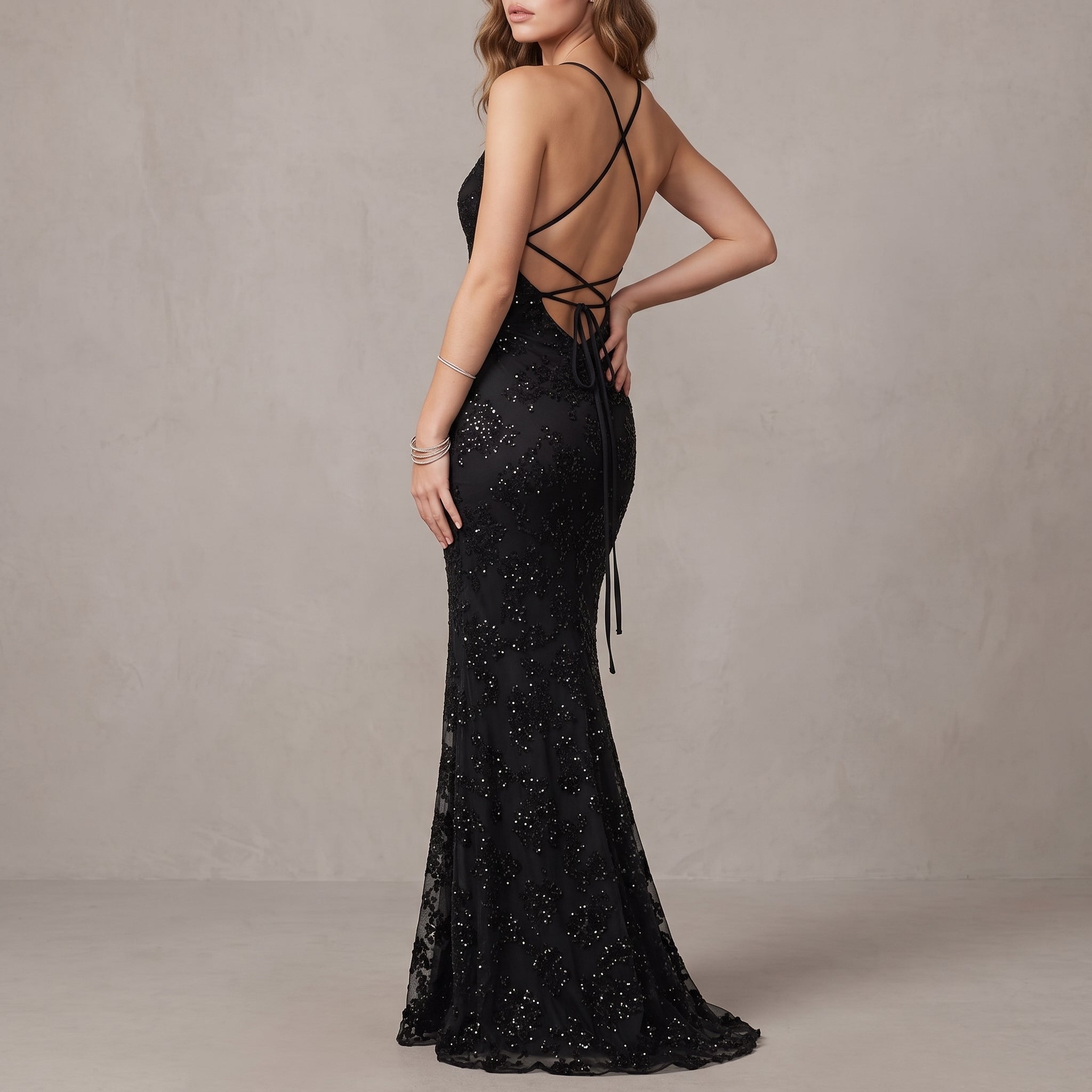 Anna - Women's Wedding Guest Sequin Floral Maxi Dress - Dress Women - Black - Davies & Cooper