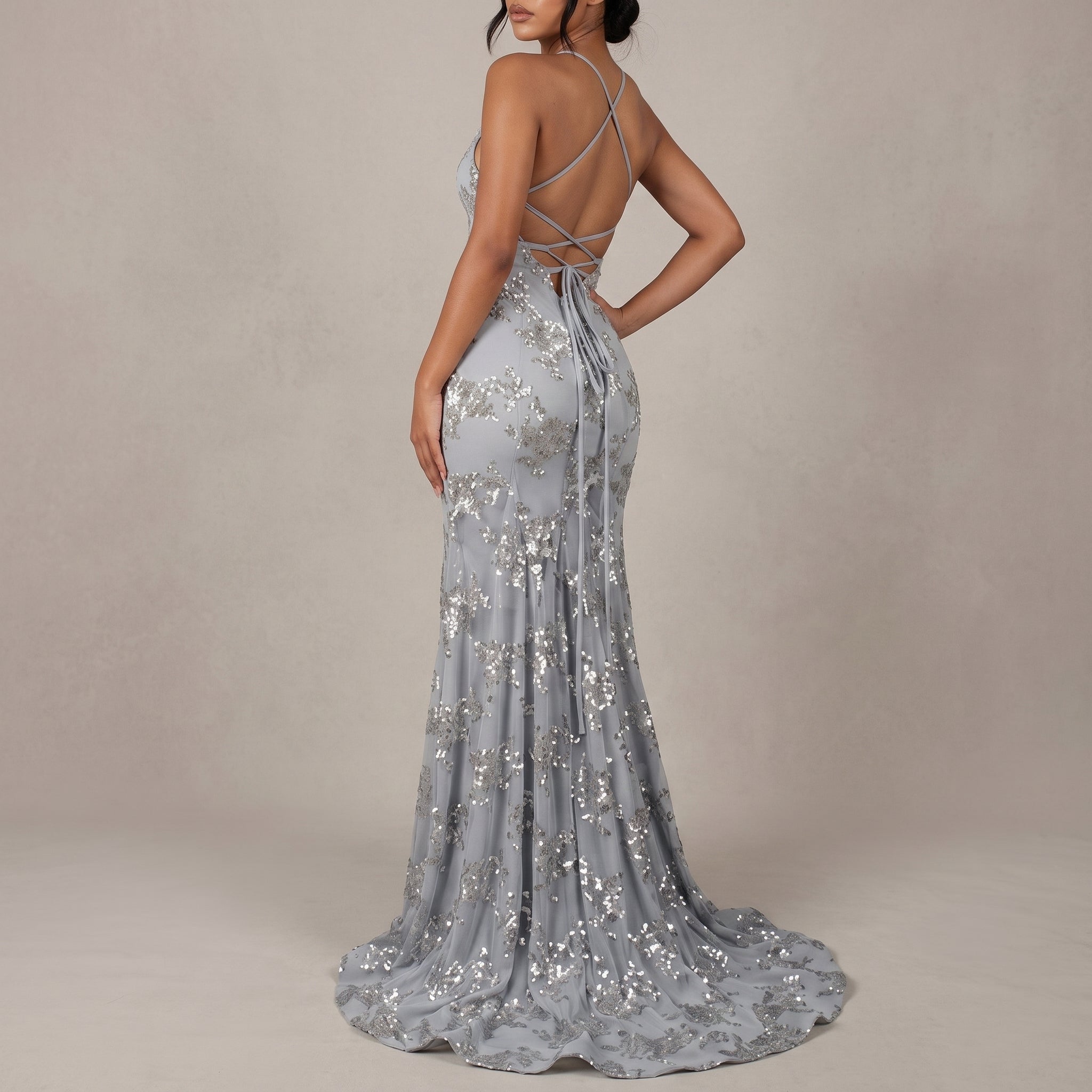 Anna - Women's Wedding Guest Sequin Floral Maxi Dress - Dress Women - Grey - Davies & Cooper