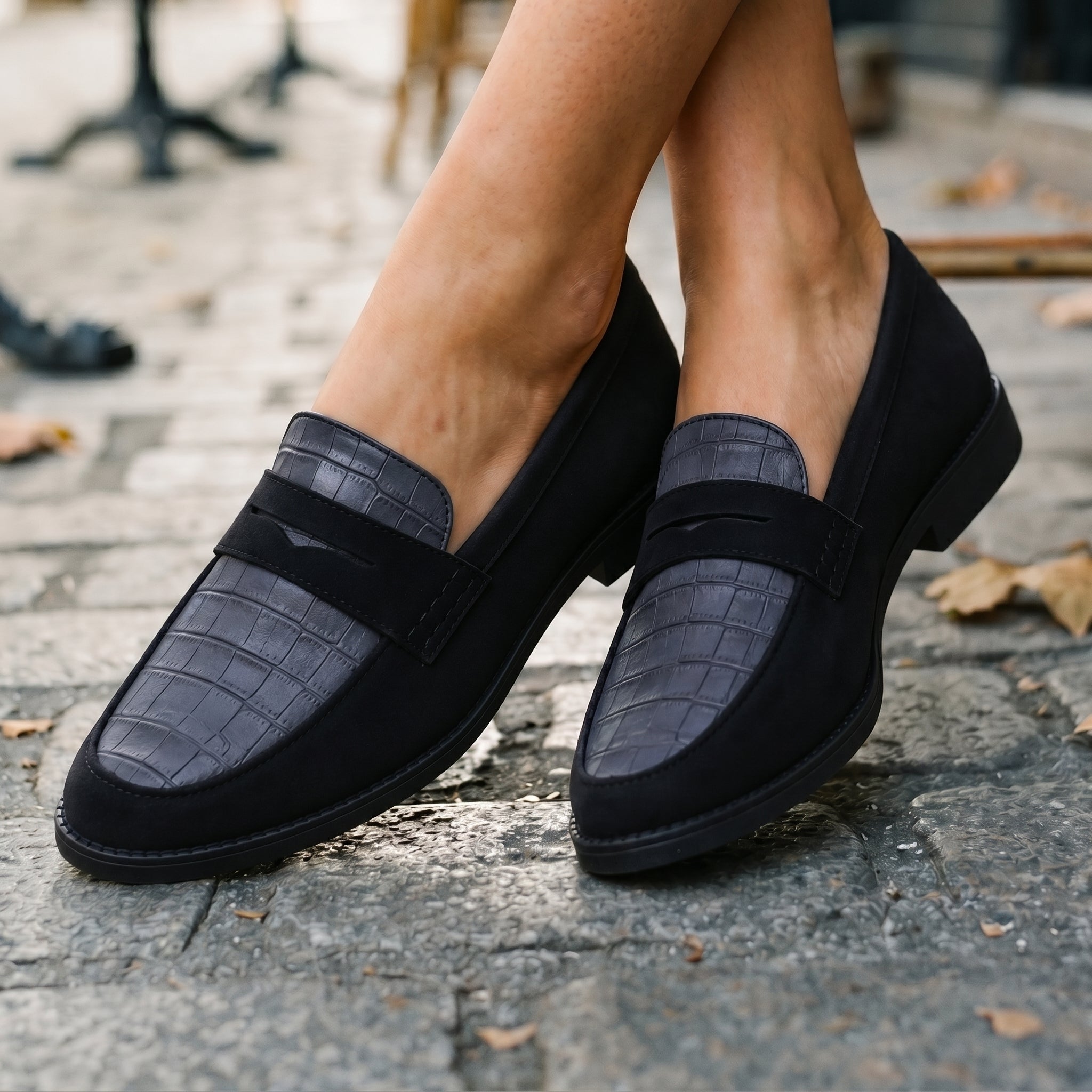 Annalise - Women's Textured Round Toe Penny Loafers - Shoes Women - Black - Davies & Cooper