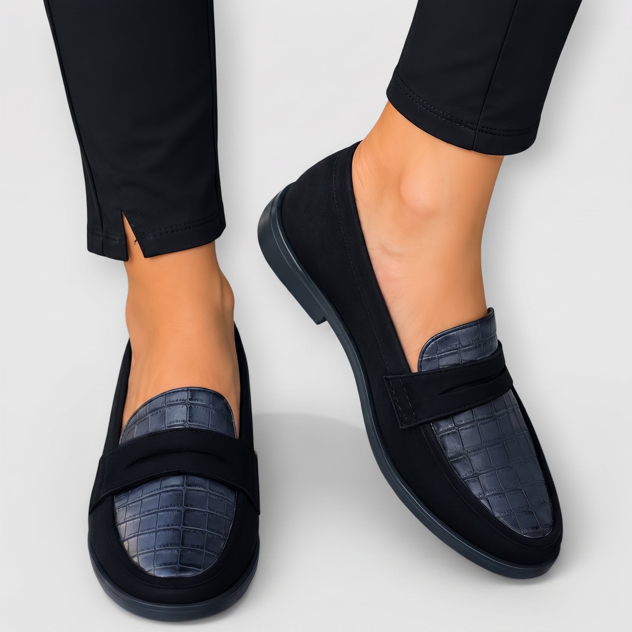 Annalise - Women's Textured Round Toe Penny Loafers - Shoes Women - Black - Davies & Cooper