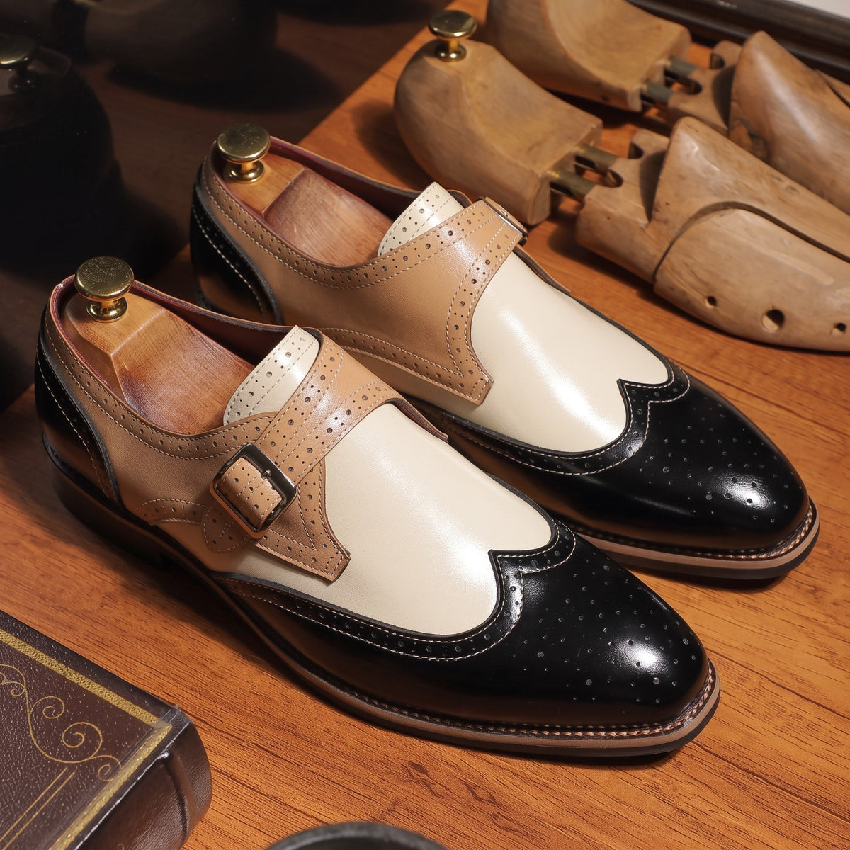 Arthur - Men's Brogue Monk Strap Shoes with Buckle Strap - Shoes - Black - Davies & Cooper