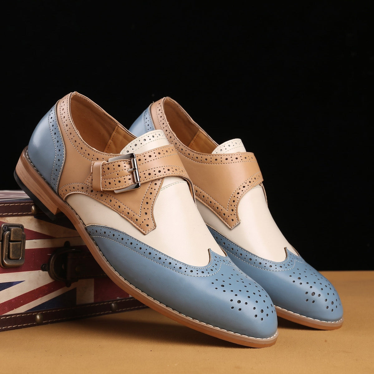 Arthur - Men's Brogue Monk Strap Shoes with Buckle Strap - Shoes - Blue - Davies & Cooper