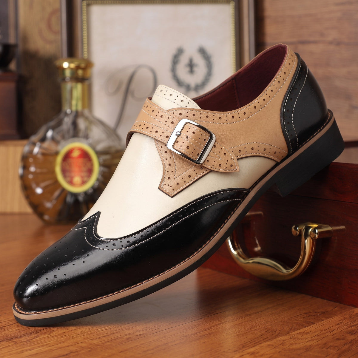Arthur - Men's Brogue Monk Strap Shoes with Buckle Strap - Shoes - Black - Davies & Cooper