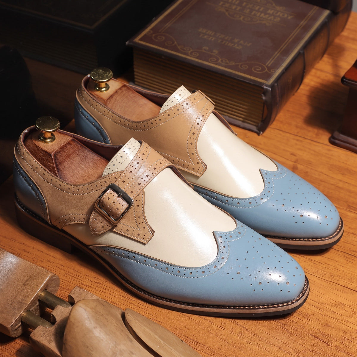 Arthur - Men's Brogue Monk Strap Shoes with Buckle Strap - Shoes - Blue - Davies & Cooper