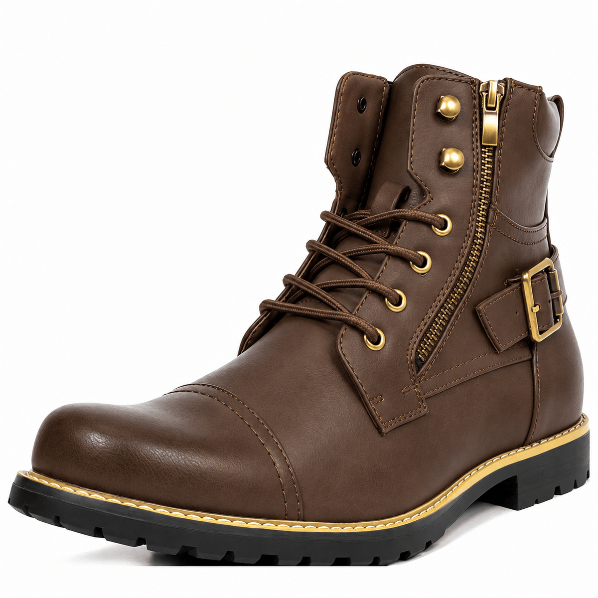 Arthur - Men's Cap Toe Lace-Up Ankle Boots with Buckle Strap - Boots - Dark Brown - Davies & Cooper