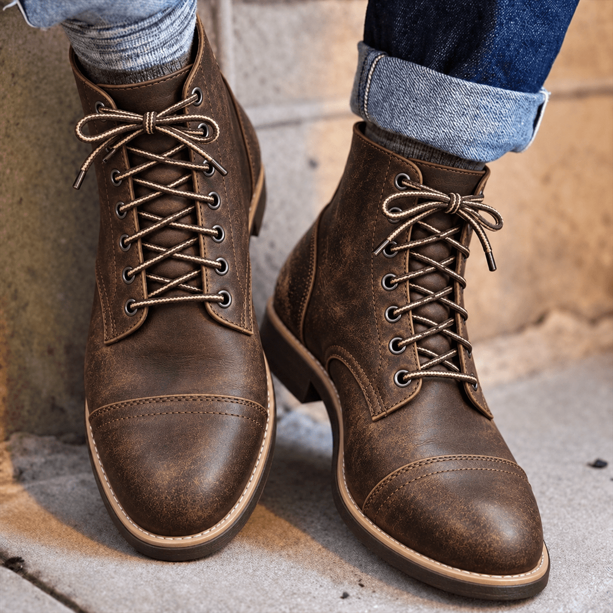 Arthur - Men's Lace-Up Leather Ankle Boots with Cap Toe - Boots - Dark Brown - Davies & Cooper