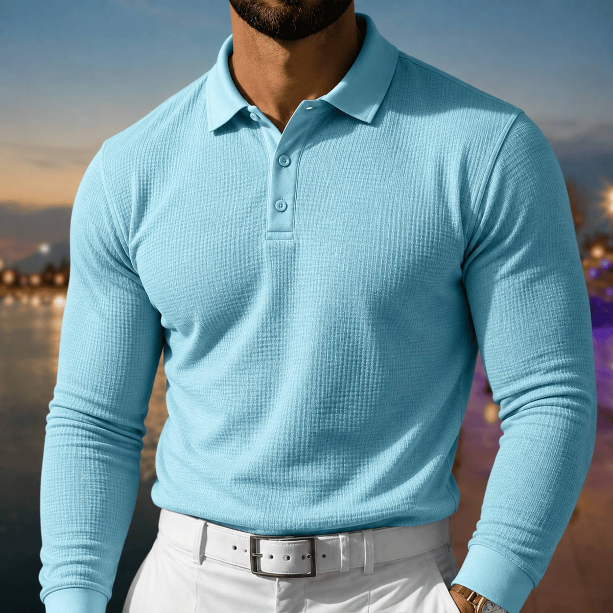 Arthur - Men's Slim Fit Long Sleeve Polo Shirt - Polos - Light Blue - Davies & Cooper