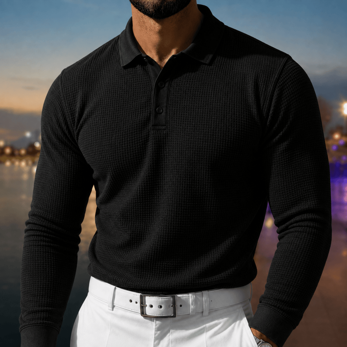Arthur - Men's Slim Fit Long Sleeve Polo Shirt - Polos - Black - Davies & Cooper