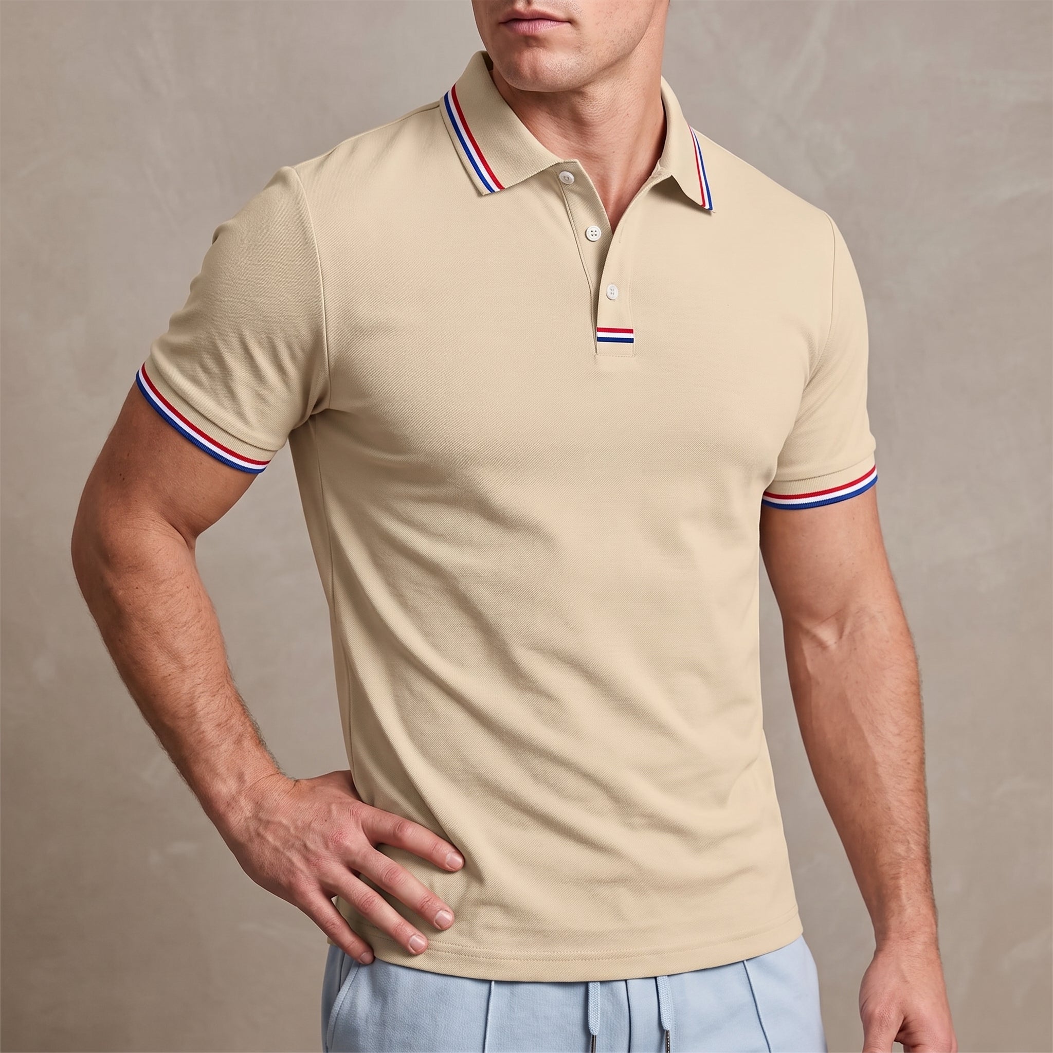 Arthur – Men's Summer Contrast Stripe Trim Polo Shirt - Polos - Khaki - Davies & Cooper
