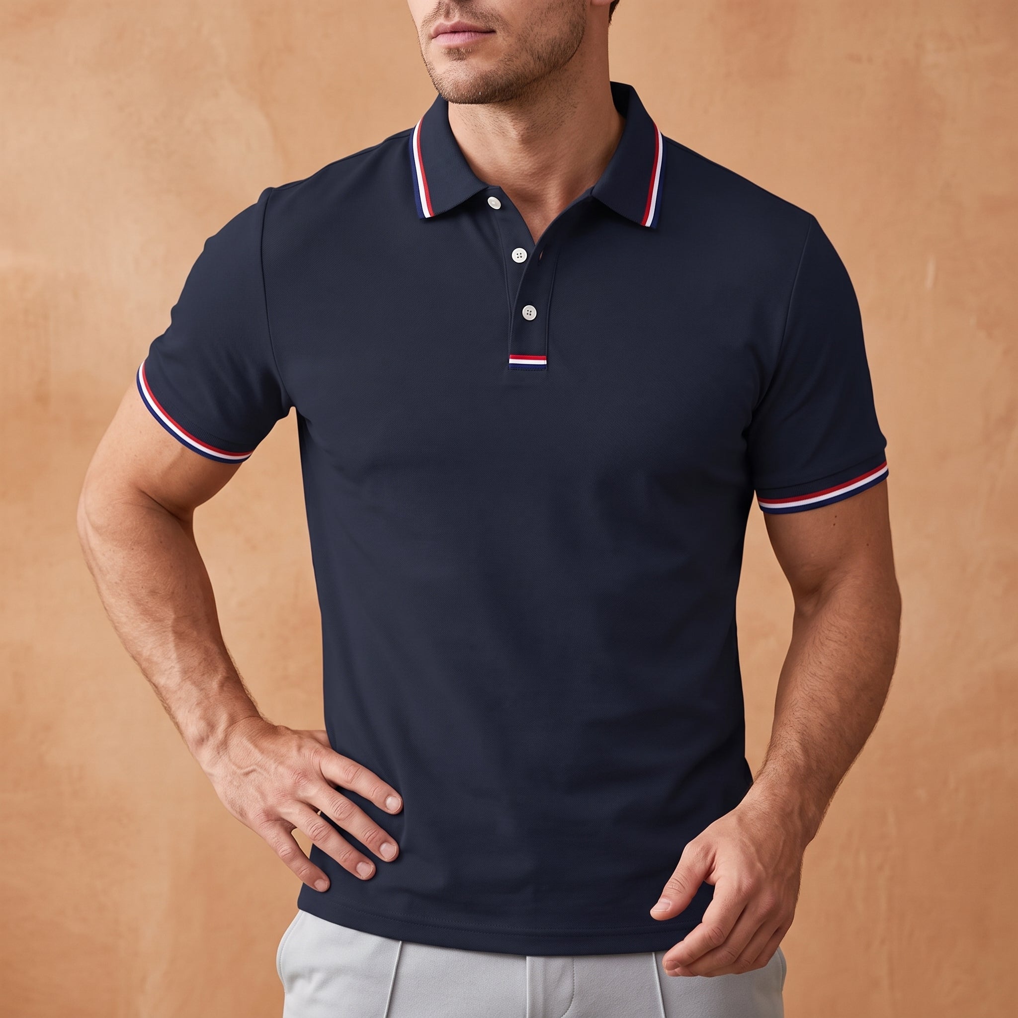 Arthur – Men's Summer Contrast Stripe Trim Polo Shirt - Polos - Navy Blue - Davies & Cooper