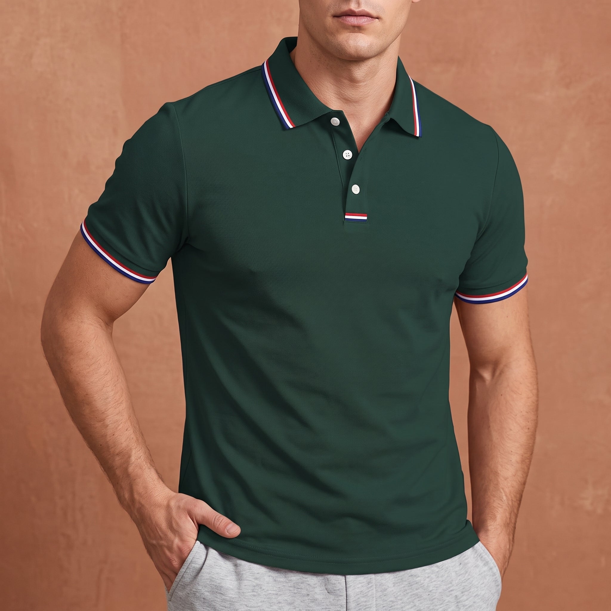 Arthur – Men's Summer Contrast Stripe Trim Polo Shirt - Polos - Army Green - Davies & Cooper