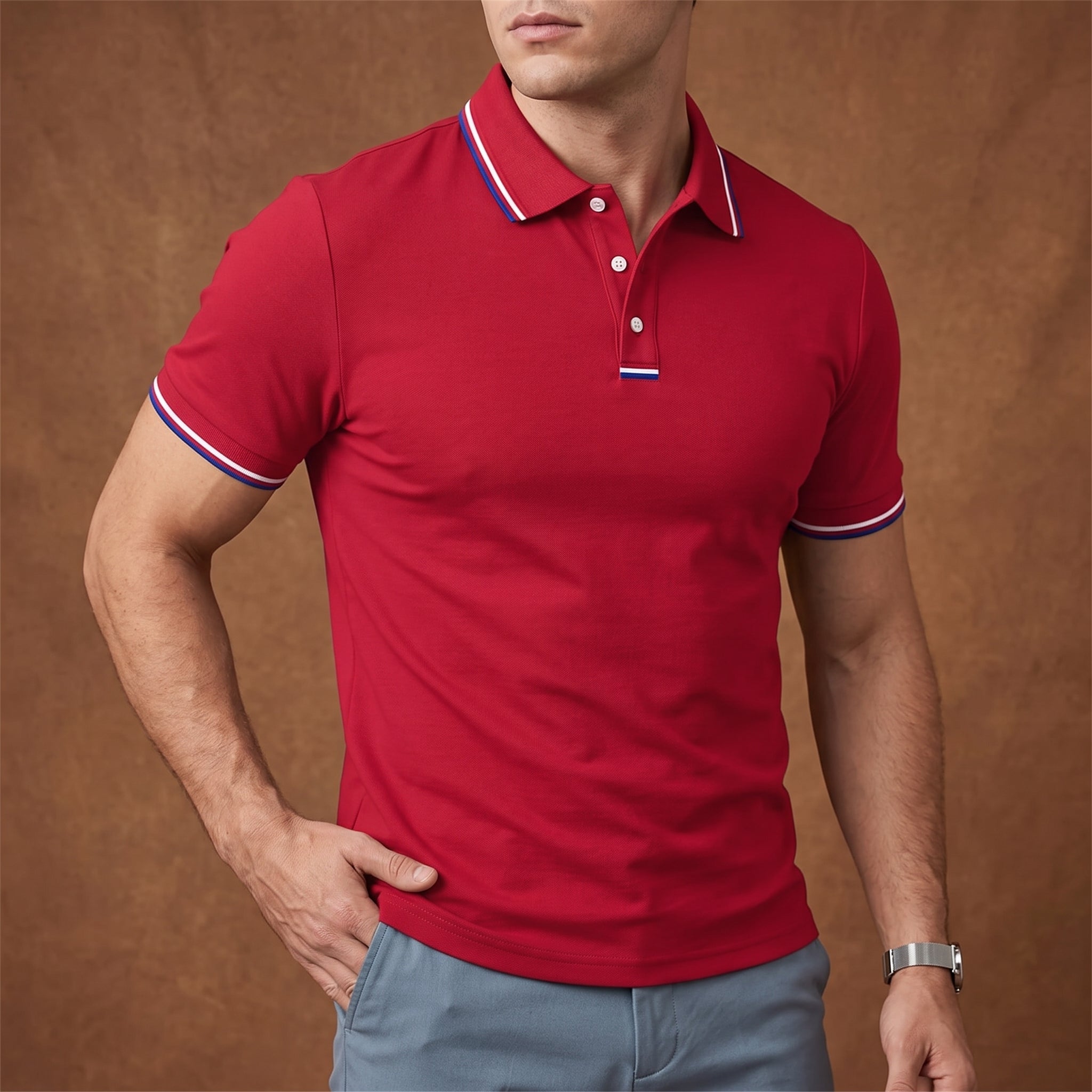 Arthur – Men's Summer Contrast Stripe Trim Polo Shirt - Polos - Red - Davies & Cooper