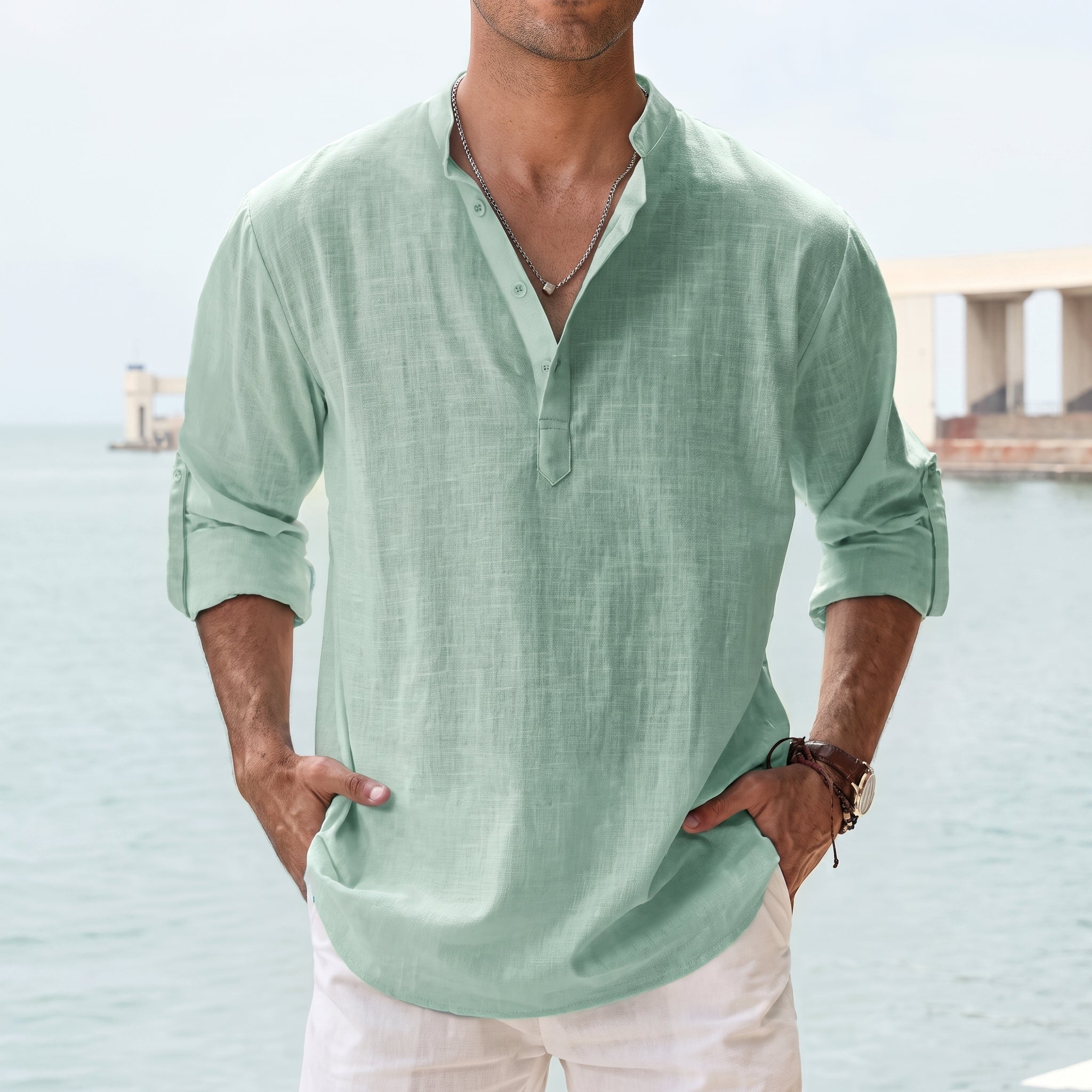 Arthur – Men's Summer Grandad Collar Long Sleeve Shirt - Shirts - Green - Davies & Cooper