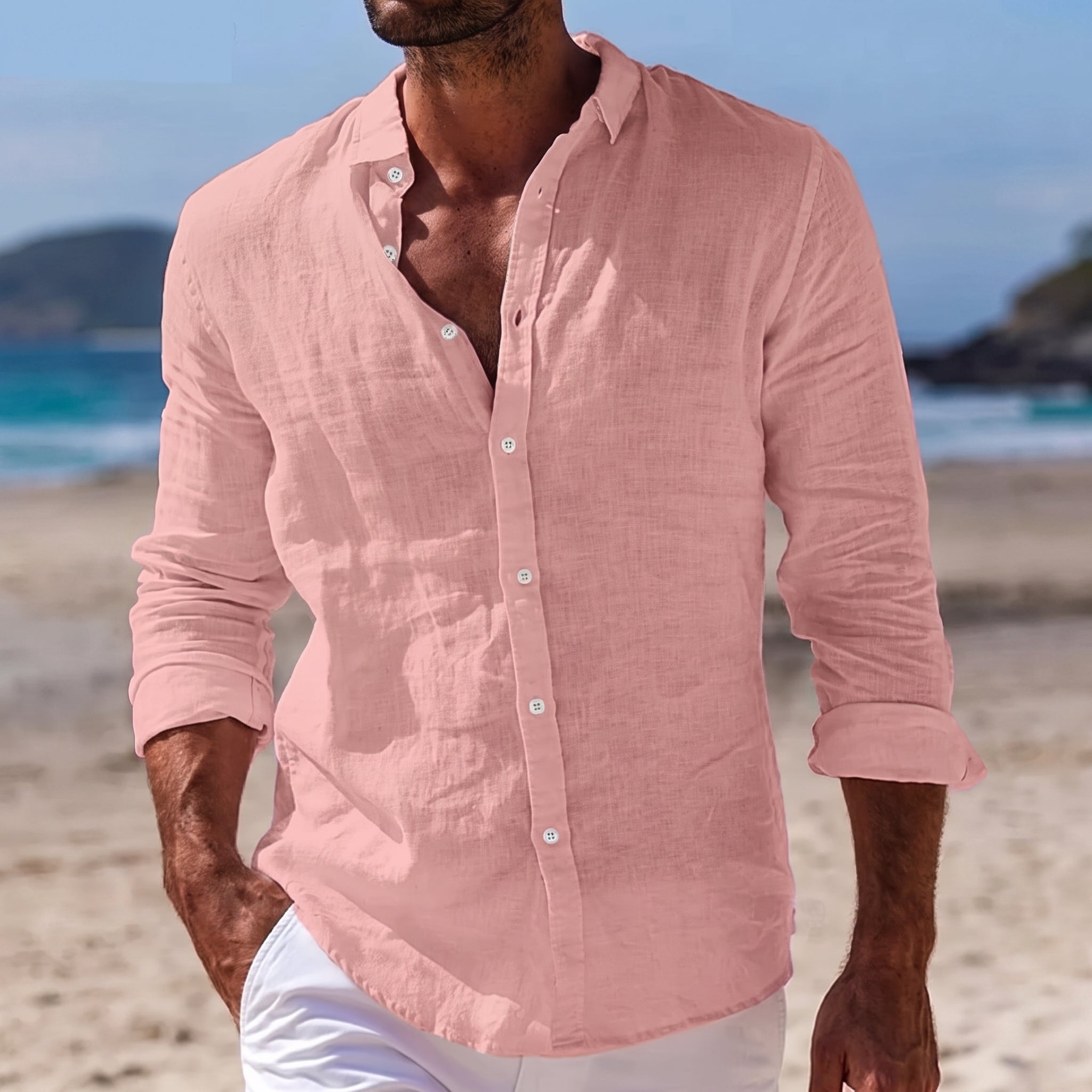 Arthur – Men's Summer Grandad Collar Long Sleeve Shirt - Shirts - Pink - Davies & Cooper